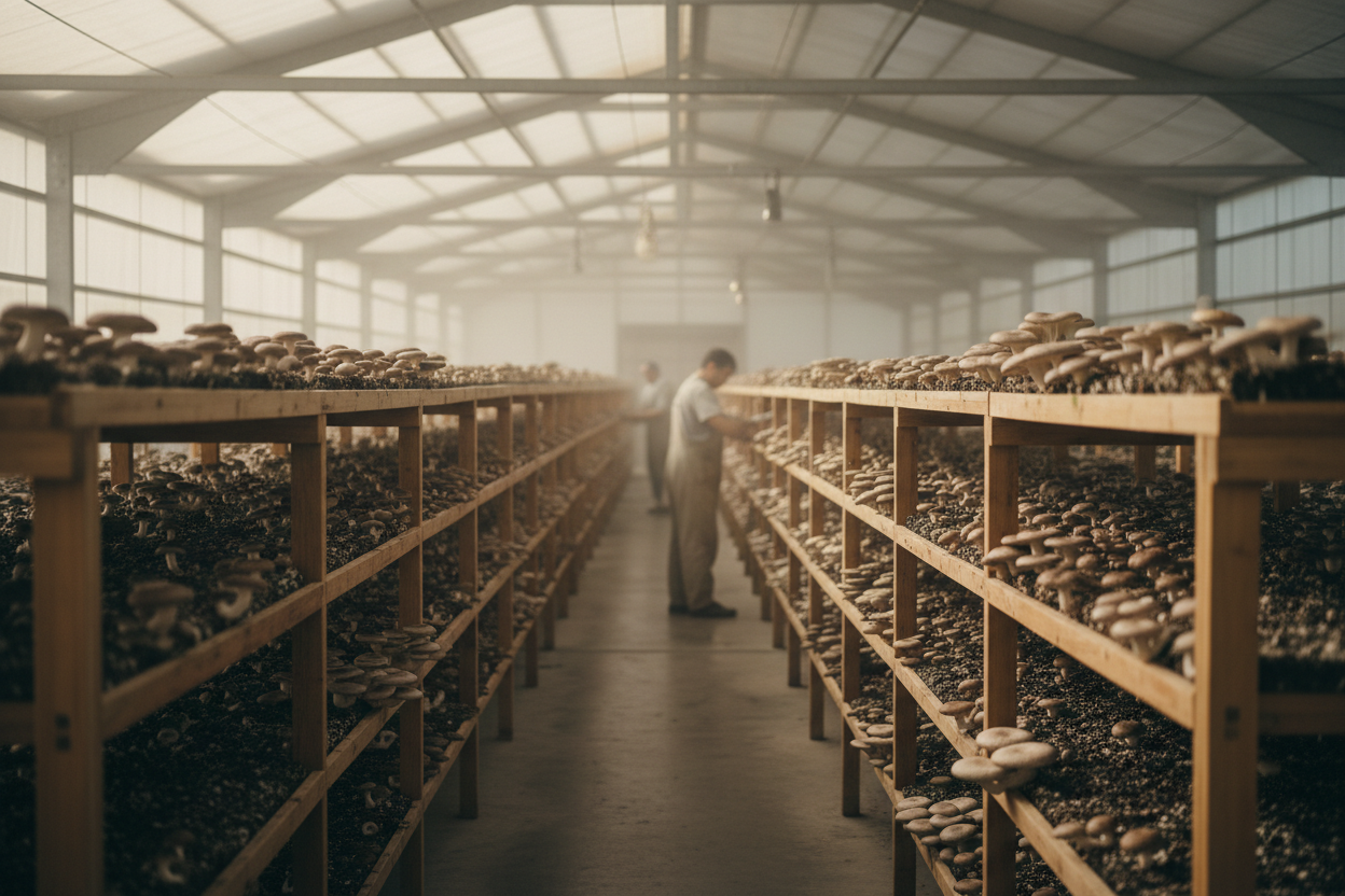 Wide landscape image of a mushroom farm, soft natural light, slightly muted colors (less dramatic than homepage hero).
